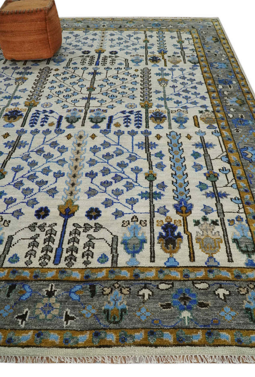 Custom Made Tree of life Hand Knotted Antique Ivory, Blue and Gray Traditional Oushak Wool area Rug