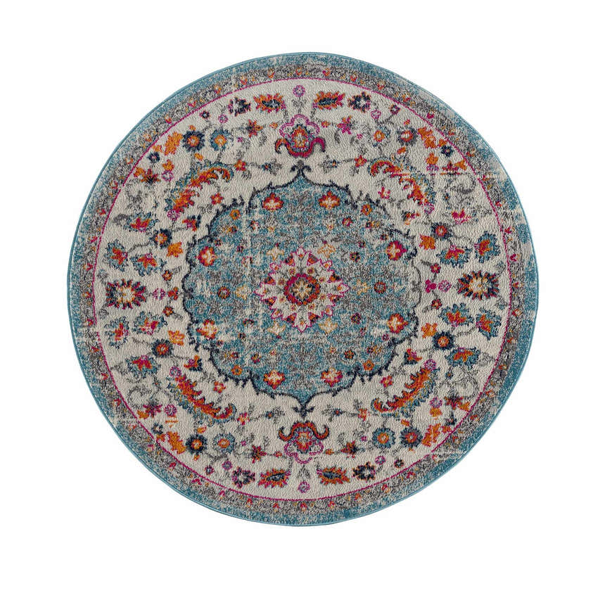 Close-up of round Tigril Blue 2303 area rug. Beige, ivory, and turquoise floral bohemian pattern. Design-Round