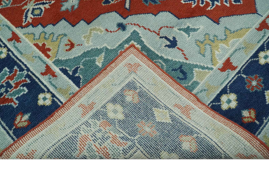 Custom Made Rust, Blue and Silver hand knotted Traditional Heriz wool area rug
