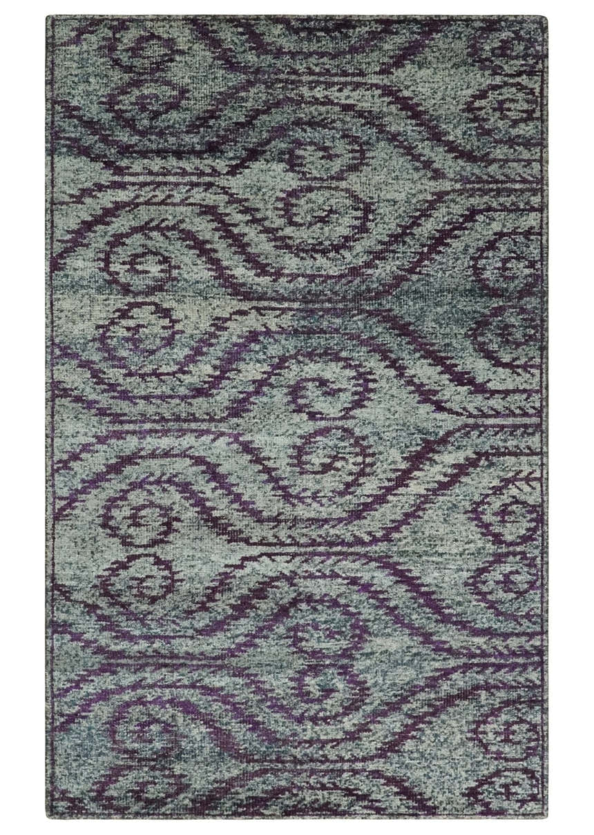 5x8 and 8x10 Hand Knotted Blue, Gray and Purple Modern Contemporary Southwestern Tribal Trellis Recycled Silk Area Rug | OP32
