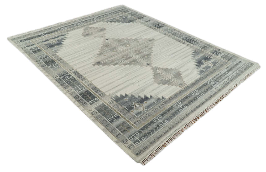 Natural Wool Hand Knotted Ivory and Gray Traditional Multi size wool Area Rug, Kids, Living Room and Bedroom Rug