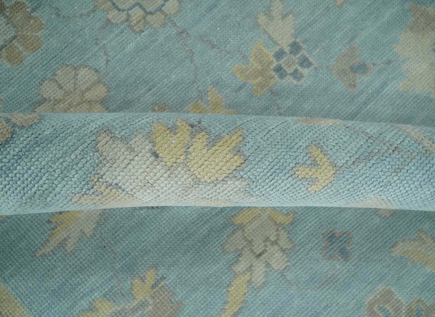 Made to Order Aqua, Beige and Ivory Hand Knotted Floral Oushak Wool Rug