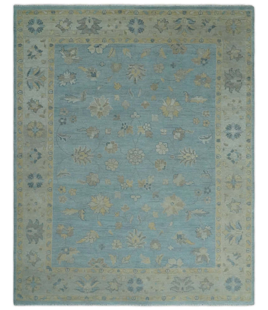 Made to Order Aqua, Beige and Ivory Hand Knotted Floral Oushak Wool Rug
