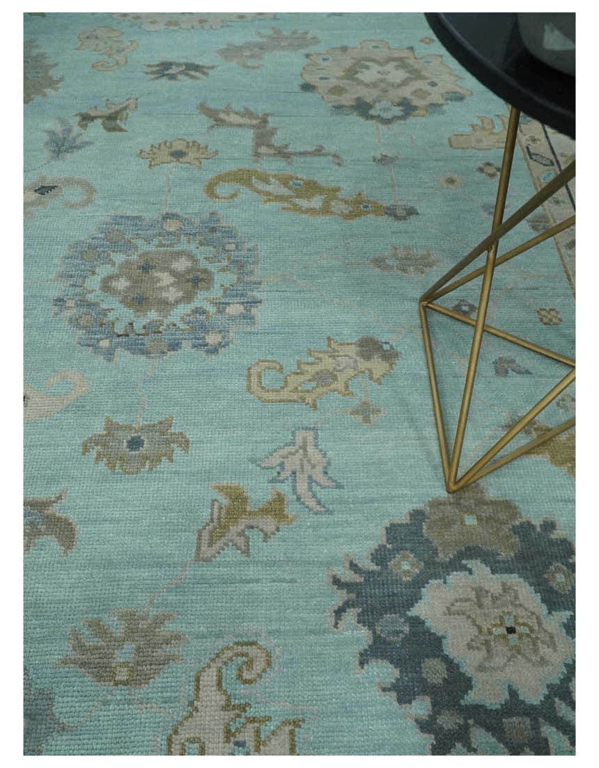 Hand Knotted Aqua, Beige and Ivory Traditional Oushak Wool Rug