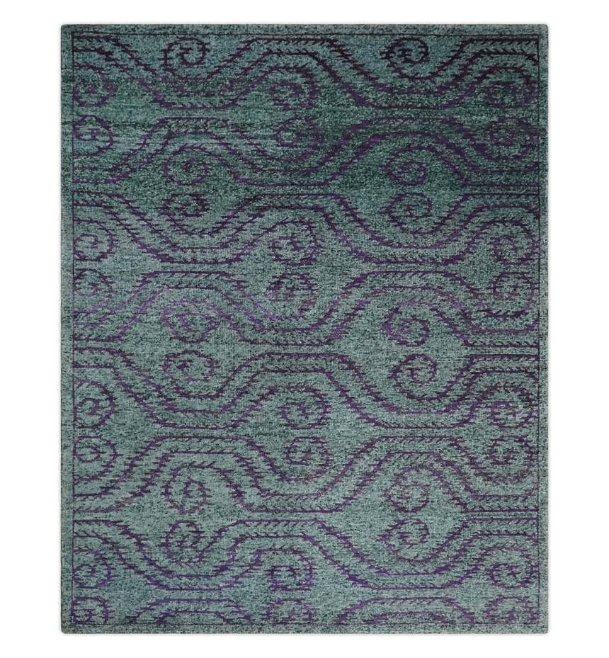 5x8 and 8x10 Hand Knotted Blue, Gray and Purple Modern Contemporary Southwestern Tribal Trellis Recycled Silk Area Rug | OP32