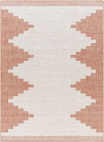 Close-up of Djugun Peach Fuzz rug. Geometric, southwestern design in beige and terracotta tones. Indoor outdoor area rug. Design-Rectangle-5377