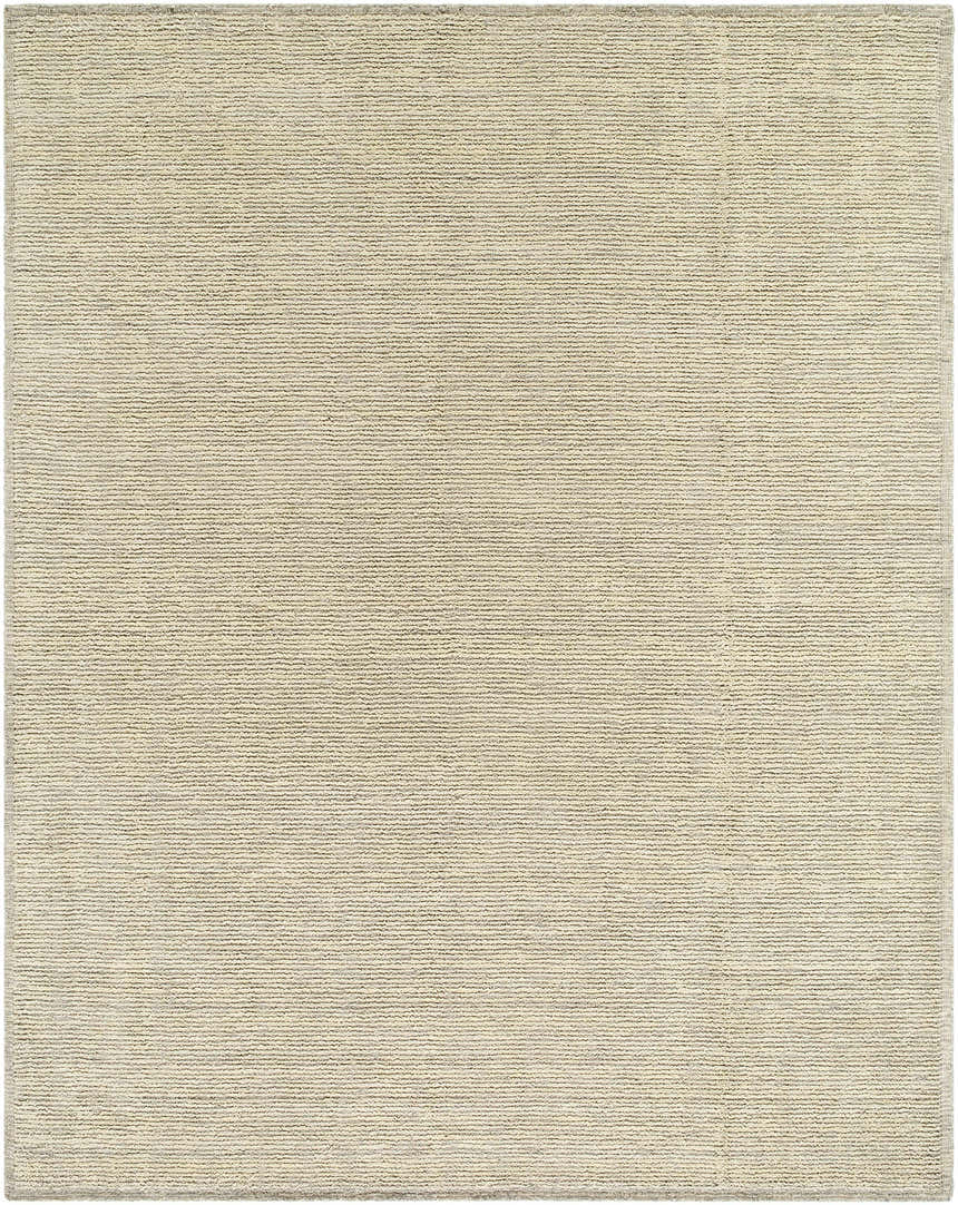 Close-up of the hand-loomed Abiera Area Carpet. Light beige wool rug with charcoal striations and subtle texture. Design-Rectangle-810