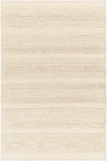 Close-up of the cream Alora Area Rug. Hand-woven wool and viscose rug with a subtle horizontal striped texture. Design-Rectangle