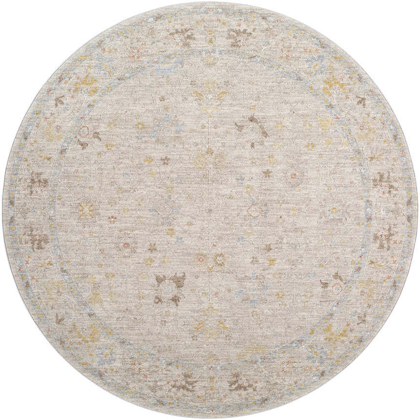 Round Amina Oushak Thick Luxe Area Rug with traditional farmhouse design in amber, brown, pink, olive, gray, mustard, and taupe. Design-Round-53