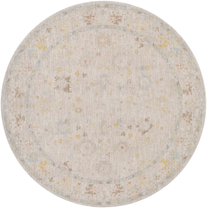 Round Amina Oushak Thick Luxe Area Rug with a traditional floral pattern in amber, brown, pink, olive, gray, mustard, and taupe. Design-Round-67
