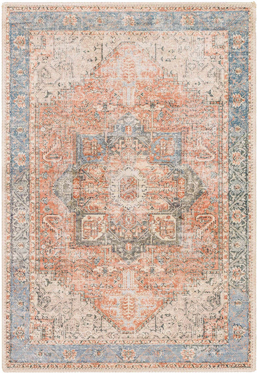 Close-up of the Livabliss Amelie AML-2309 rug. Traditional design with beige, rust, light gray, and pale blue tones. Design-Rectangle-23