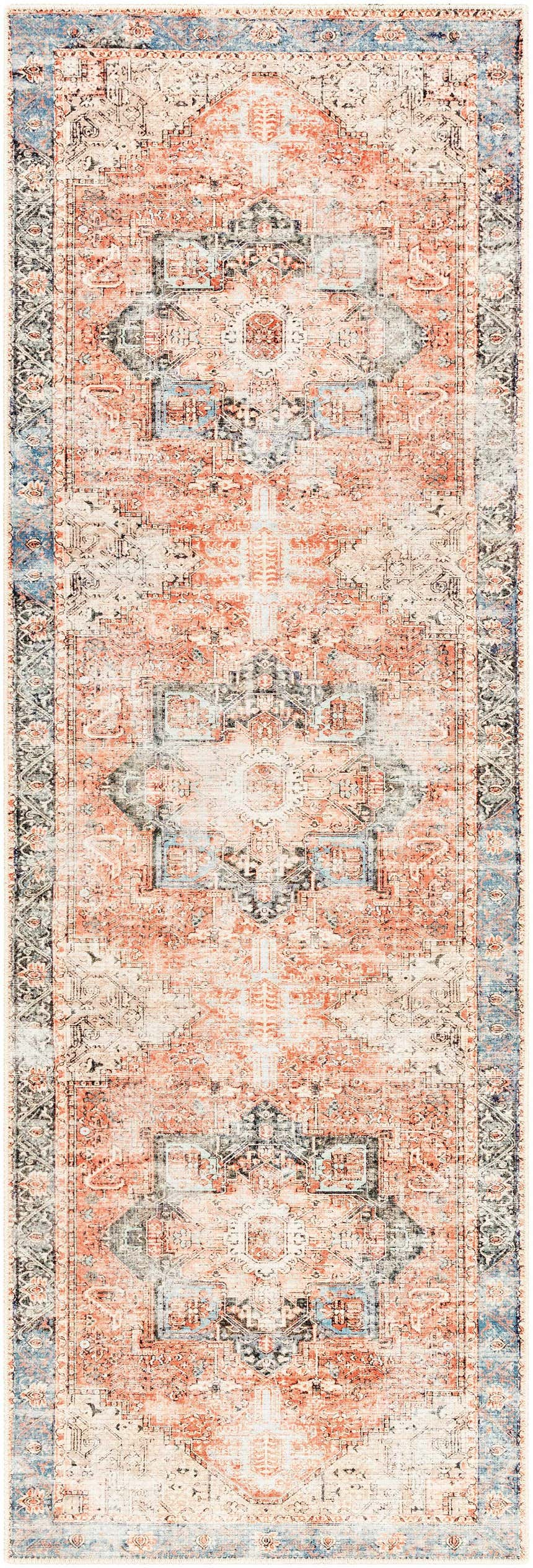 Close-up of the Livabliss Amelie AML-2309 washable area rug, featuring a traditional design in beige, rust, and light blue tones. Design-Runner-2710