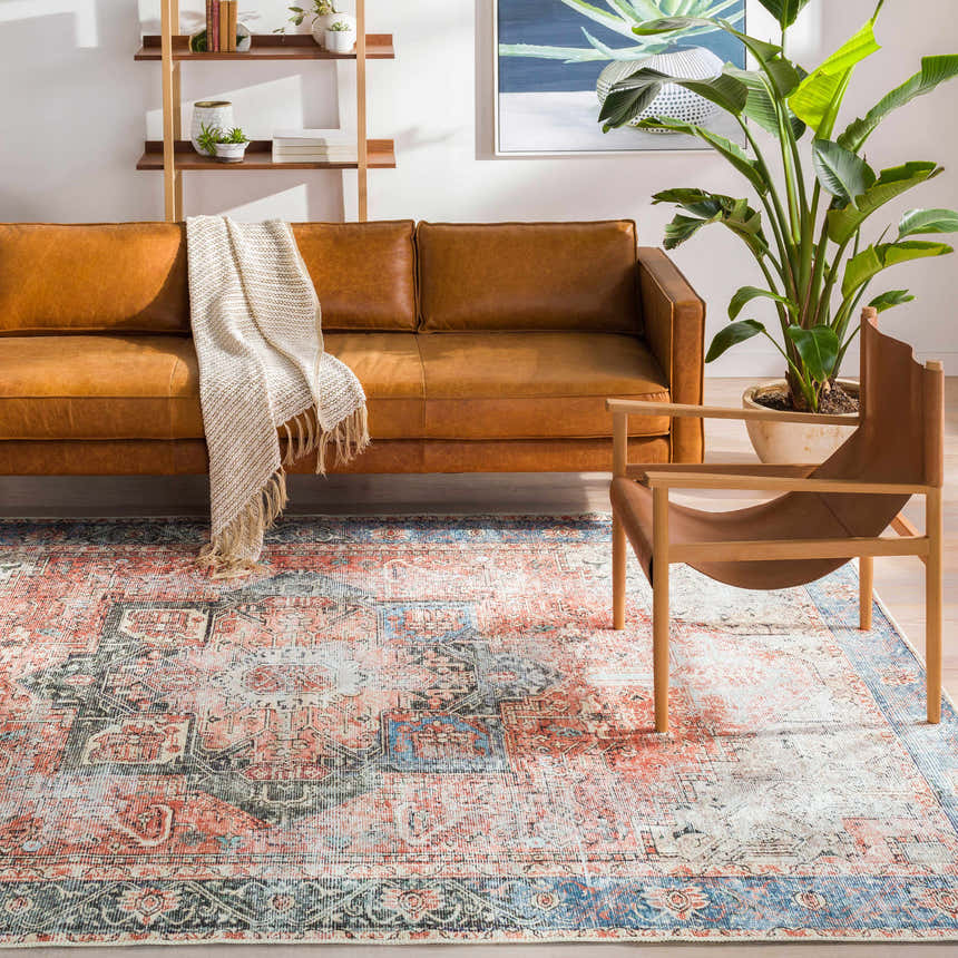 Living room scene with a Livabliss Amelie rug in beige, dusty pink, and blue under a leather sofa and wood chair. Roomscene-Rectangle