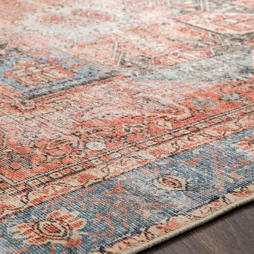 Close-up of the Livabliss Amelie AML-2309 rug showing its traditional design in beige, dusty pink, light gray, pale blue, and rust. Texture