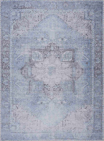Close-up of the Ice Blue Flat Pile Washable Rug. Farmhouse style rug with cream, gray, and sky blue vintage pattern. Design-Rectangle-5373