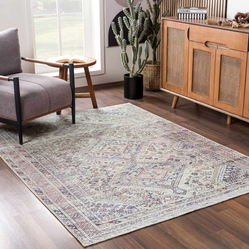 Living room scene with a Barny Tan Washable Area Rug, gray chair, wood cabinet, and cactus. Farmhouse style with slate blue accents. Roomscene-Rectangle