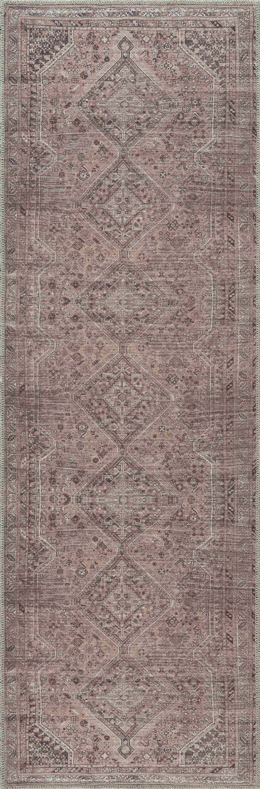 Close-up of the Barny Brown Flat Pile Washable Rug, featuring a traditional diamond pattern and a blend of cream, brown, and gray tones. Design-Runner-2773