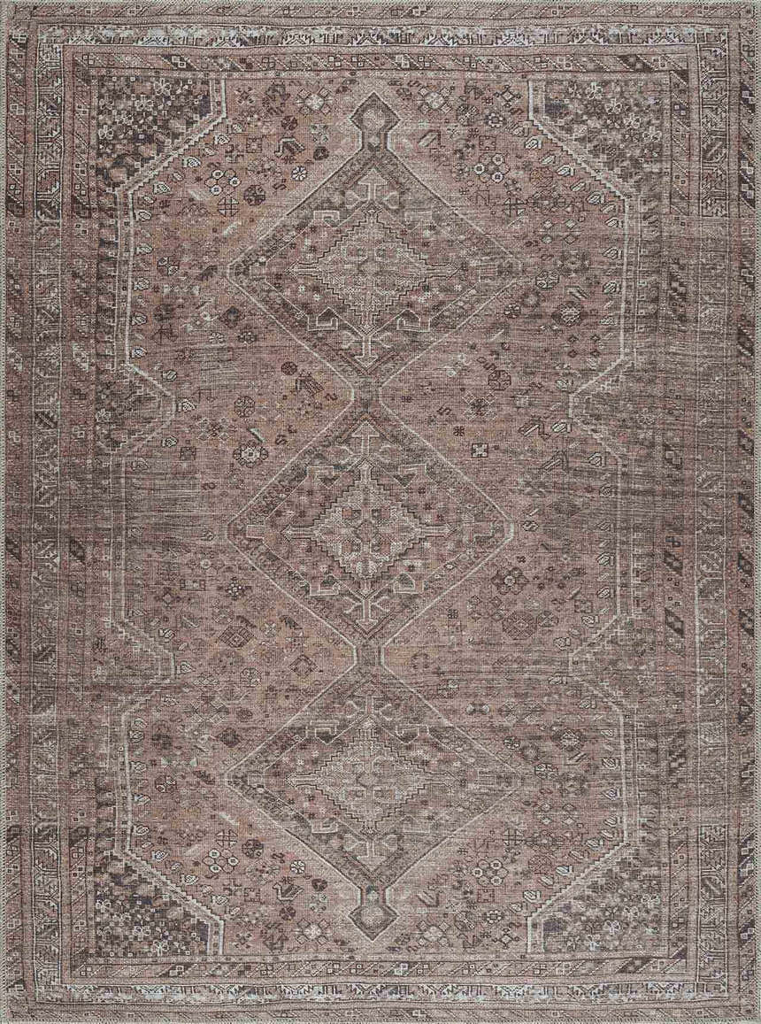 Detailed Barny Brown Flat Pile Washable Rug with traditional diamond pattern in cream, light brown, and dusty sage. Design-Rectangle-5373