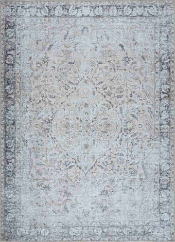 Close-up of the Haile Green & Pink Washable Area Rug, showcasing its traditional floral pattern and faded gray, pink, and nutmeg hues. Design-Rectangle-5373