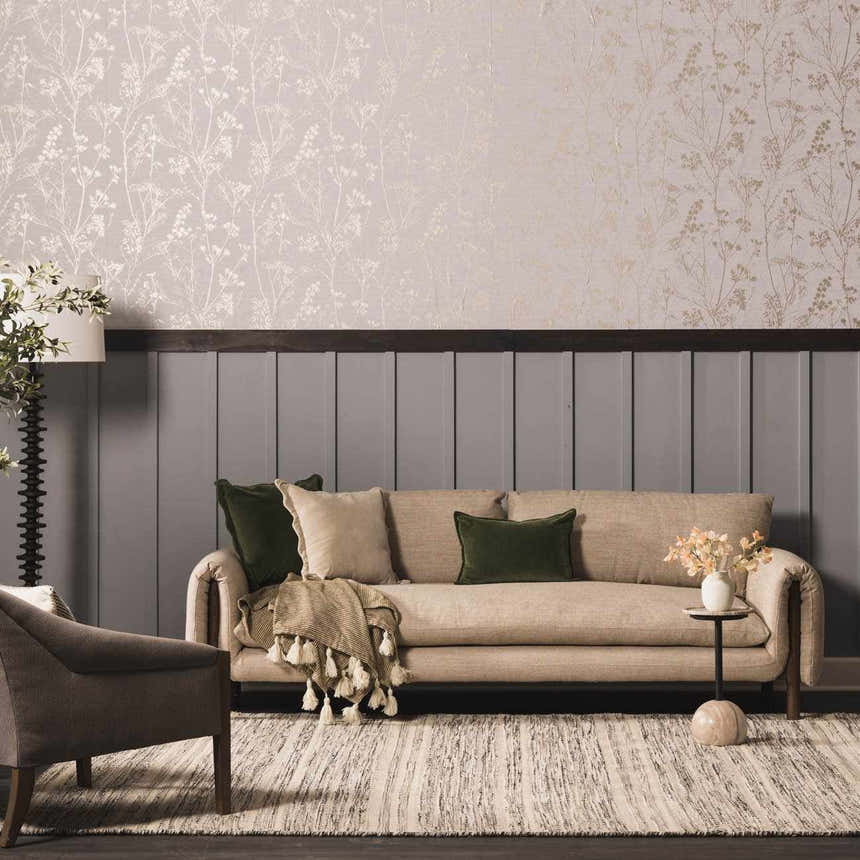 Living room scene with beige sofa, gray walls, and the Arabi Wool Area Rug in light beige and gray. Roomscene-Rectangle