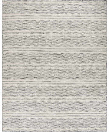 Close-up of the Arabi Wool Area Rug. Hand-woven rug with a striped pattern in black, gray, and light beige. Design-Rectangle