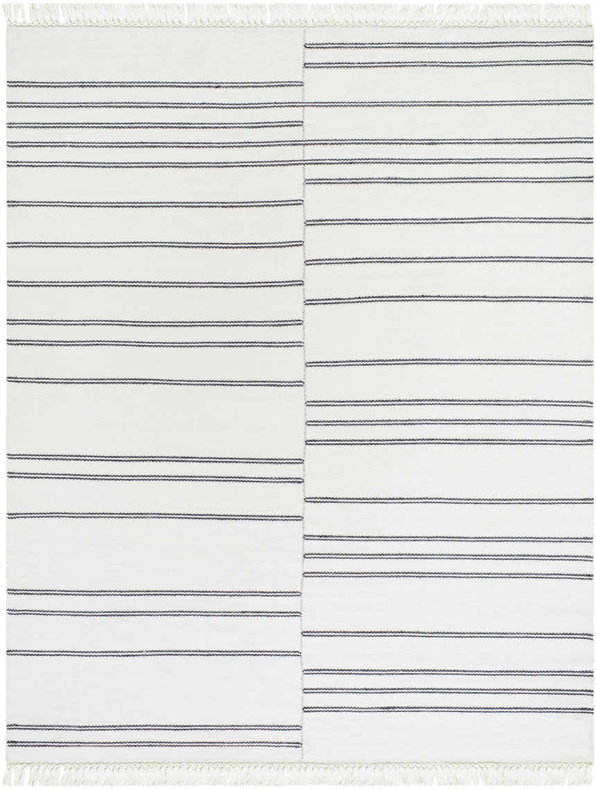 Close-up of Aras Area Rug, a hand-woven runner with off-white and dark gray stripes and fringed edges. Design-Rectangle-810