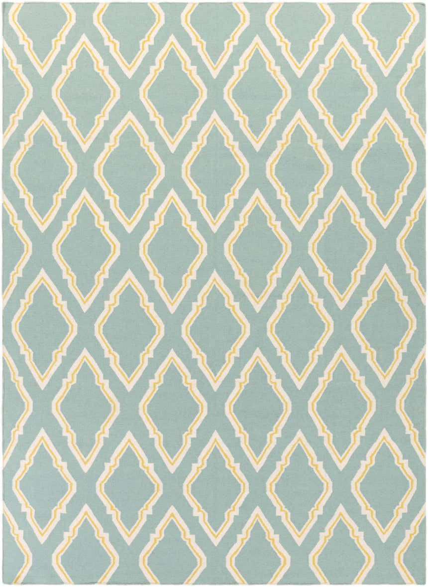 Close-up of Atlantic Area Carpet in cream, mustard, and seafoam. Hand-woven wool rug with diamond pattern. Design-Rectangle-811