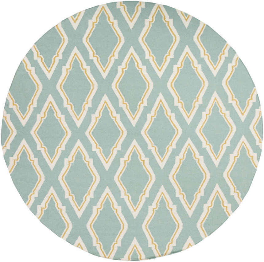 Round Atlantic Area Carpet in seafoam, cream, and mustard with a geometric diamond pattern. Design-Round-8