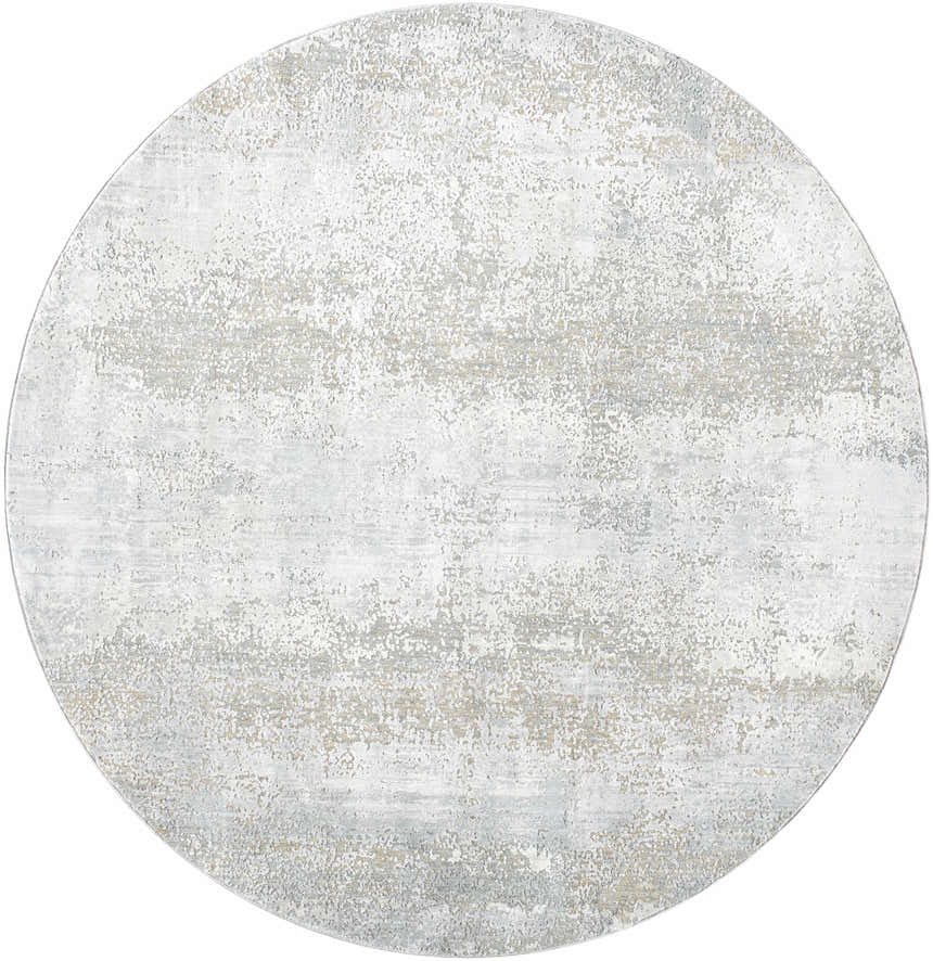 Close-up of a round Avani Thick Luxe Boutique Rug. Features a contemporary abstract pattern in gray, light gray, and nutmeg. Design-Round-67