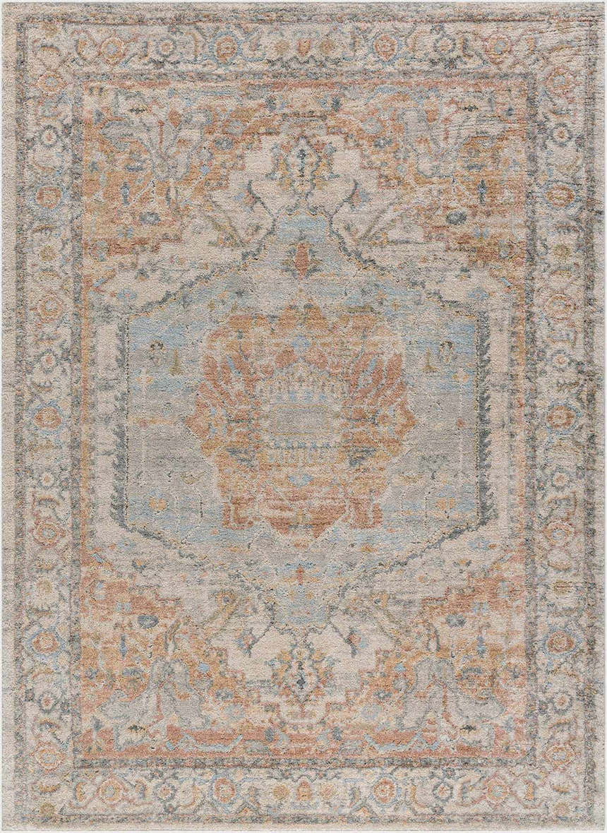 Close-up of Vaeda Blue & Beige Thick Luxe Rug. Traditional style with beige, blue, and tan floral pattern. Machine woven texture. Design-Rectangle-23