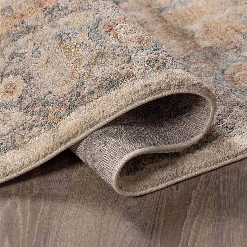 Close-up of the Vaeda Blue & Beige Thick Luxe Rug showing its beige, blue, and tan traditional pattern and plush texture. Fold