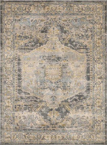 Close-up of the Vaeda Blue Thick Luxe Rug, showcasing its traditional beige, gray, and pale blue pattern and soft texture. Design-Rectangle-23
