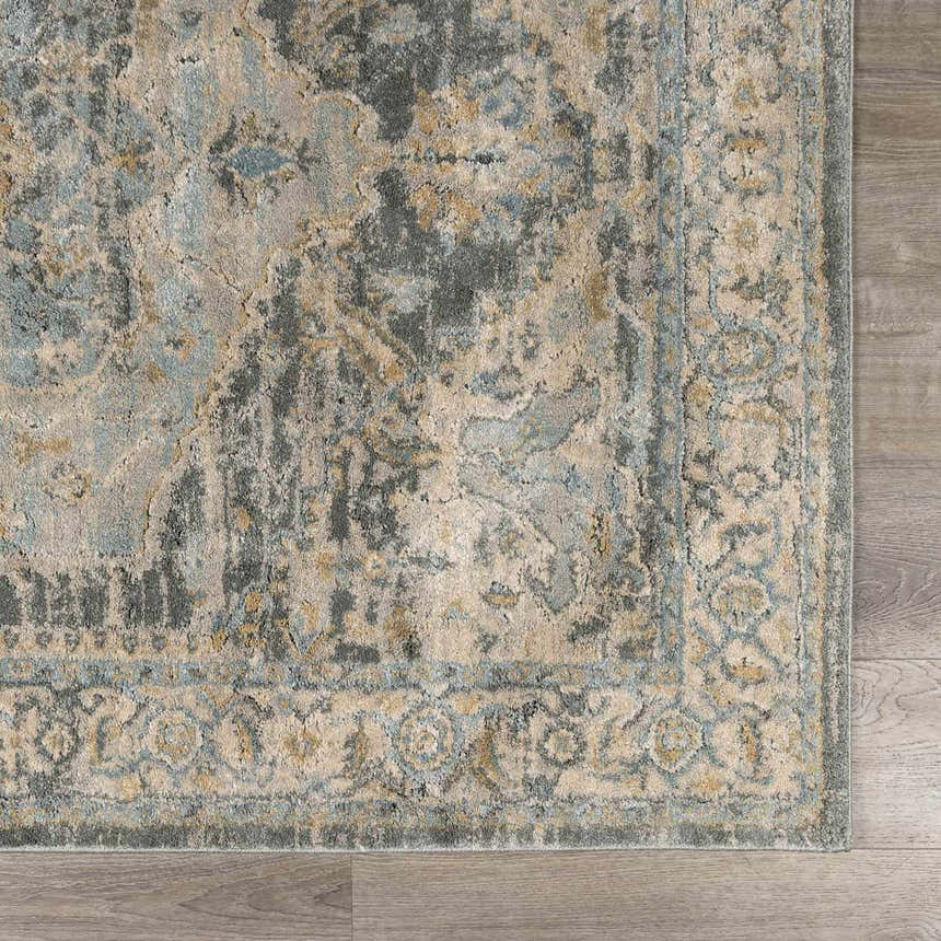 Close-up of the Vaeda Blue Thick Luxe Rug, showcasing its beige, gray, and pale blue traditional pattern. Corner