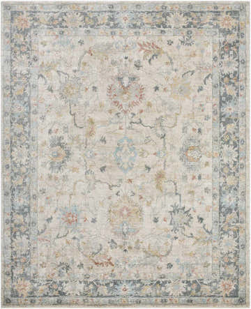Close-up of the Ahmaud Beige & Light Gray rug. Luxe pile, farmhouse style, with ash, sage, and tan floral pattern. Design-Rectangle
