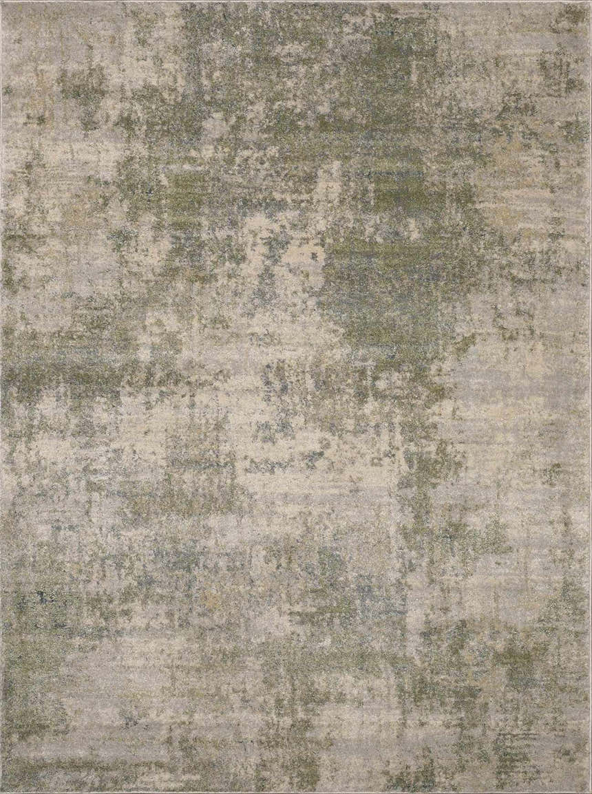 Close-up of the Zazie Thick Luxe Rug. Beige, gray, olive, and teal hues create a contemporary, abstract pattern and soft texture. Design-Rectangle