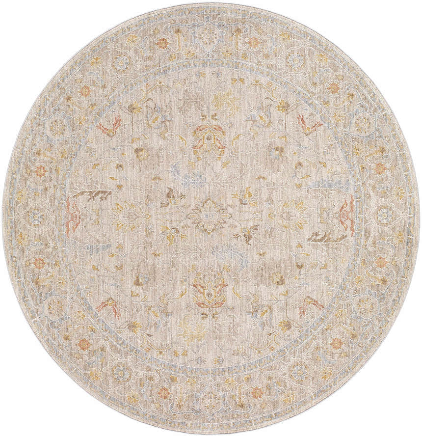 Close-up of round Awena Thick Luxe Area Rug. Traditional floral pattern in amber, taupe, and gray on a light neutral background. Design-Round-53