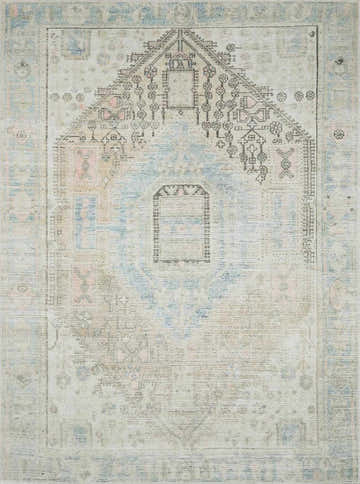 Close-up of Baloy Vintage Washable Rug; bohemian style with coral, denim, light olive, orange, and sage colors. Design-Rectangle