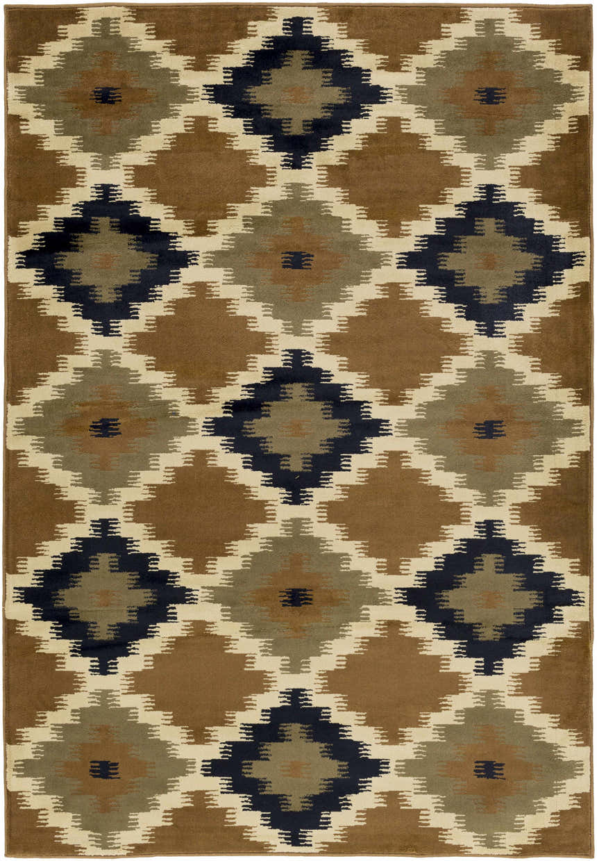 Close-up of Mountain Home MTH-1018 Area Rug. Beige, black, and olive geometric diamond pattern. Contemporary style. Design-Rectangle