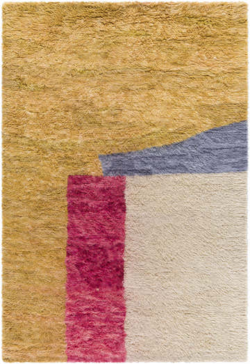 Close-up of the hand-tufted Budrys Wool Area Rug. Features brick red, camel, pearl, and dark brown color blocks. Contemporary style. Design-Rectangle-576