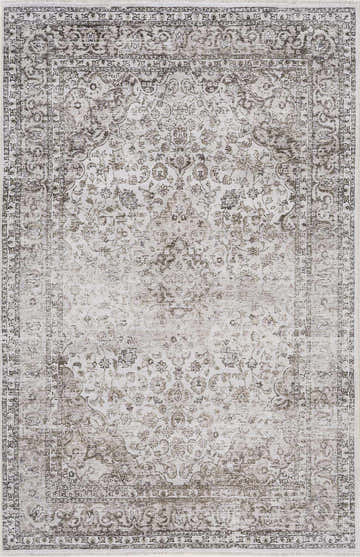 Close-up of the Pearl Holi-4601 Washable Area Rug. Beige, brown, and taupe traditional vintage floral pattern. Design-Rectangle-5373