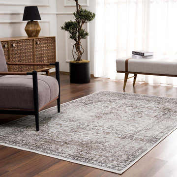 Living room scene with a beige Pearl Holi-4601 Washable Area Rug, brown wood floors, and stylish furniture. Roomscene-Rectangle