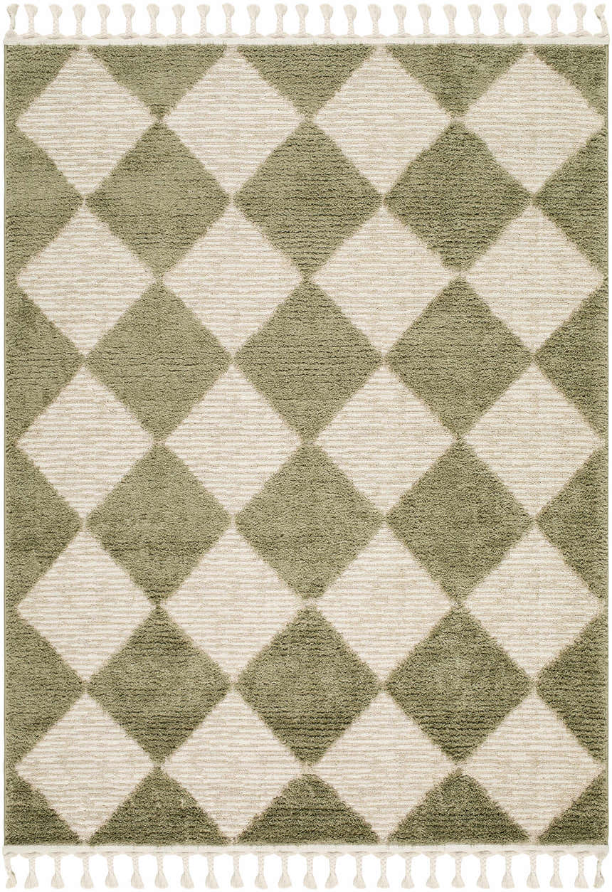 Close-up of Aitana Area Rug with a cream and olive diamond pattern and tasseled edges. Design-Rectangle-573
