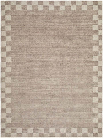 Close-up of the Bardot Washable Area Rug. Hand-woven rug with a checkerboard border and a neutral, heathered center. Design-Rectangle-57