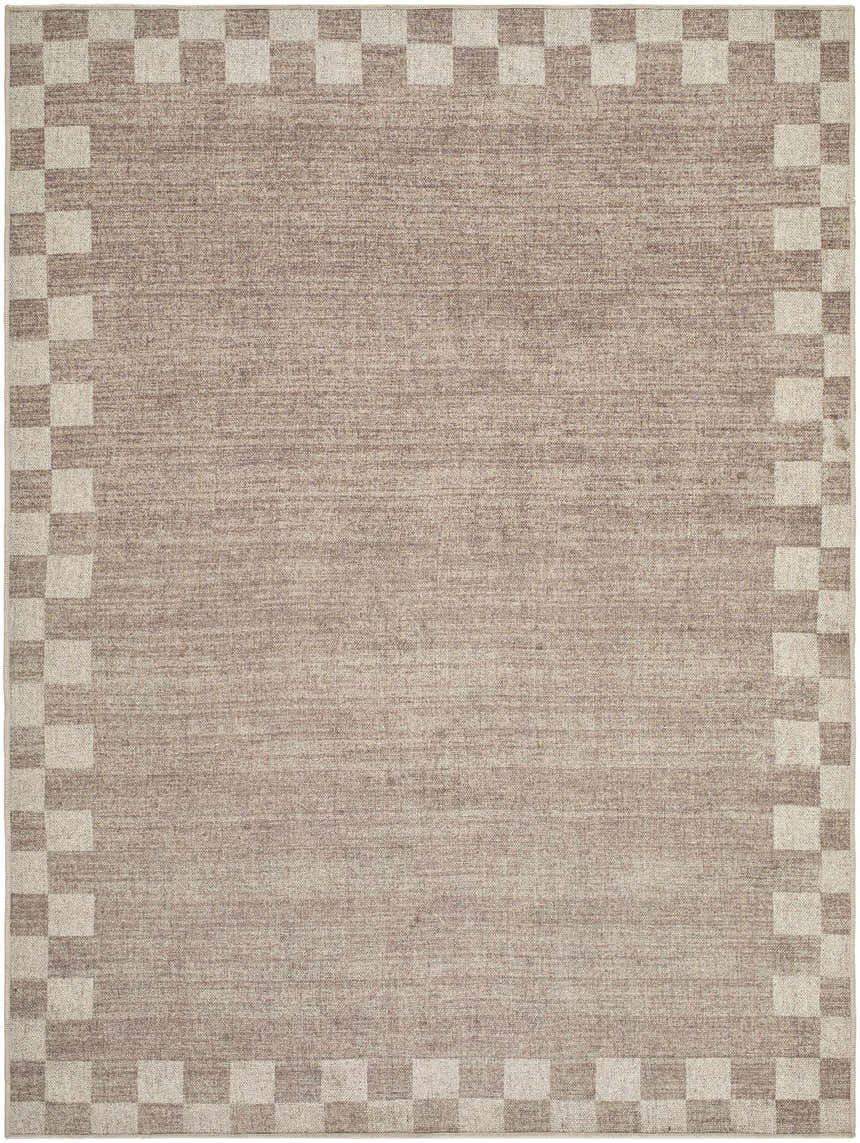 Close-up of the Bardot Washable Area Rug. Hand-woven rug with a checkerboard border and a neutral, heathered center. Design-Rectangle-57