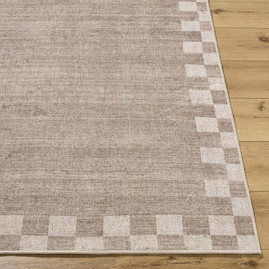 Close-up of the Bardot Washable Area Rug showing its checkerboard border, neutral colors, and hand-woven texture on wood floor. Front