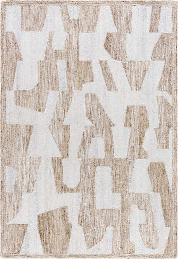 Close-up of the Brendy Beige Area Rug. Features a contemporary geometric design in beige, ivory, and taupe hues. Design-Rectangle-576