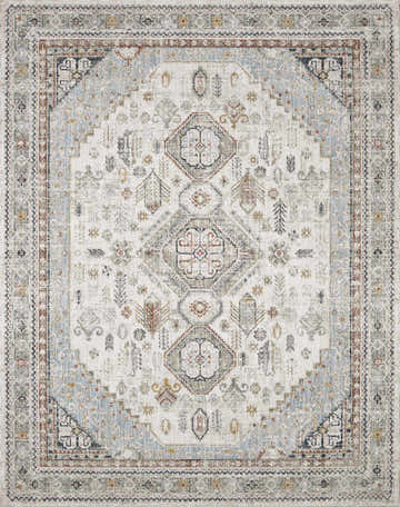 Detailed view of the Kouta Cream Area Rug, featuring a traditional geometric pattern in light gray, natural gray, and rust tones. Design-Rectangle-23