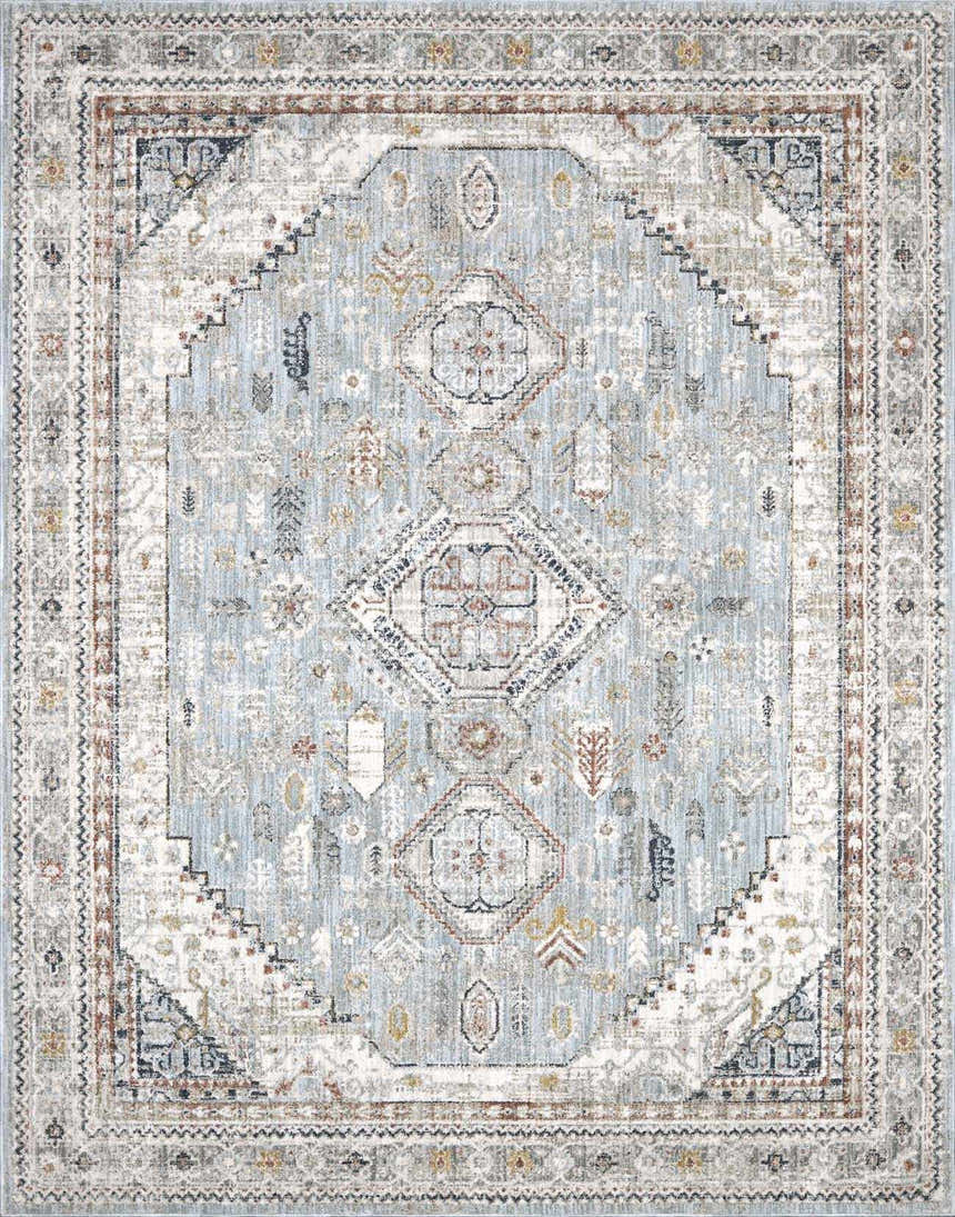 Detailed Kouta Gray Blue Area Rug featuring a traditional, farmhouse-style geometric pattern in beachhouse, beige, and blue tones. Design-Rectangle-23