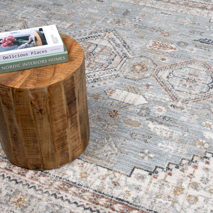 Close-up of the Kouta Gray Blue Area Rug, showcasing its traditional pattern, ice blue, beige, and brown colors. Styleshot