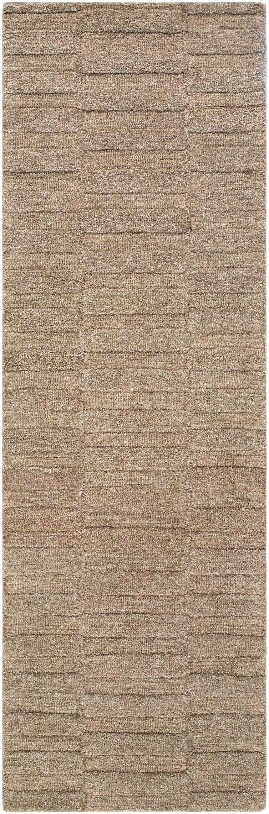 Close-up of the hand-tufted Idaho Broken-Striped Brown Area Rug. Beige, sandstone, and taupe wool rug with a contemporary broken stripe design. Design-Runner-268